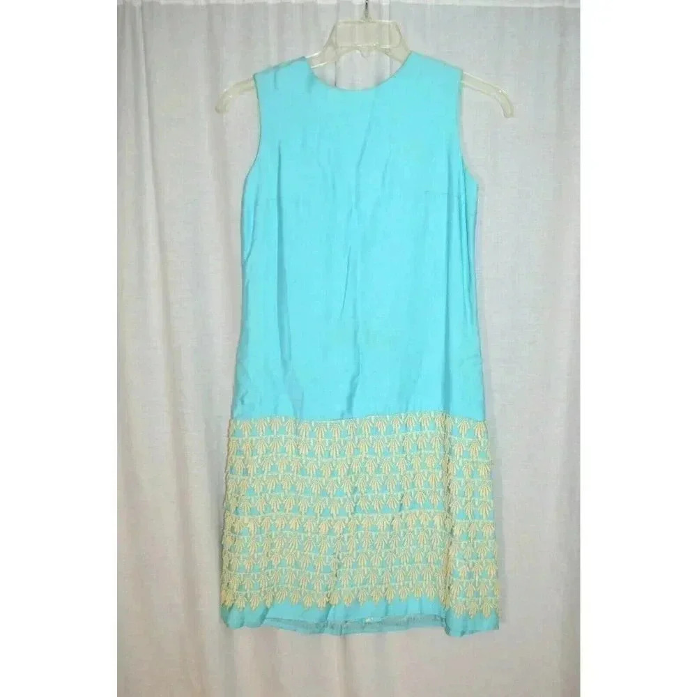 Mid Century Modern Aqua Blue Shift Dress with Lace